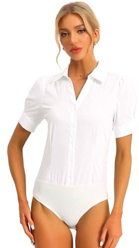 Allegra K Women's Button Down Leotard Shirt Short Sleeve Collared Business Work Bodysuit Tops X-Large White