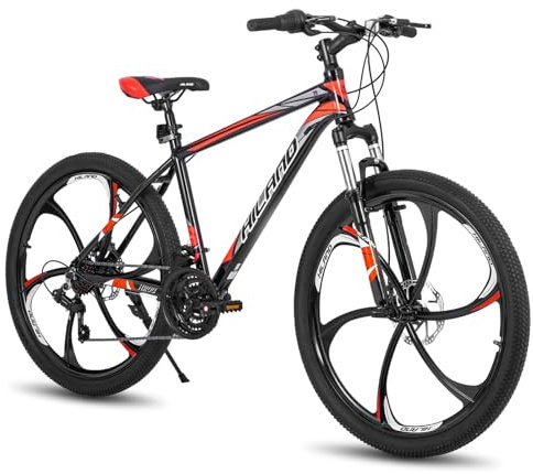 Hiland 26 Zoll Mountainbike MTB mit Aluminiumrahmen Scheibenbremse Federgabel 6 Speichenräder für Jugendliche Fahrrad Herren Damen Jungen Mädchen Schwarz Rot