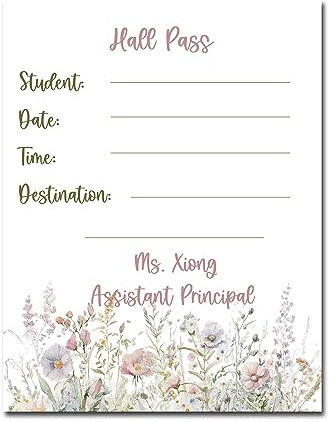 Precious Papers Personalized Watercolor Wildflower Teacher Hall Pass Small Size Hallpass Custom Classroom Teacher Hall Pass