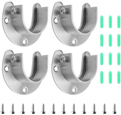 CHEUKYIU 4 soportes para barra de ropa, 28 mm de diámetro, soporte de tubo redondo, soporte de barra de acero inoxidable, con 12 tornillos y 12 tapones de goma, para armario, balcón, baño, plata