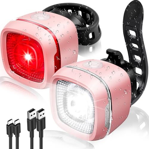 G2FS LITH Bicycle Front & Rear Lights, Type-C Rechargeable LED Bike Light Set, IPX6,Waterproof Flashlight for Night Riding, Safety Headlight Taillight, Kids Girls Children's Bicycle Accessories (Pink)