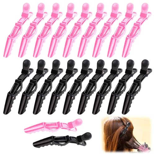 Lot de 20 Pinces Crocodiles Cheveux en Plastique Résistant, Accessoires Professionnels pour Coiffeurs - Antidérapantes - Idéales pour Salon de Coiffure et Usage Domestique (10Noir et 10Rose)