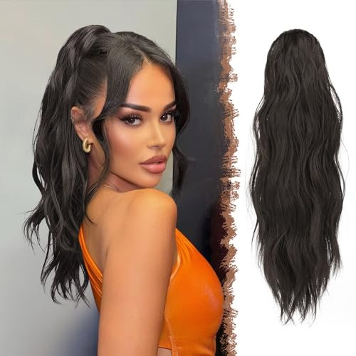 FESHFEN Coleta Postiza Larga con Pinza, Ondulada Cola de Caballo Extensión 50 cm Clip de Garra en Extensión Ondulado Extensiones de Cabello Sintética para Mujeres Marrón Negro