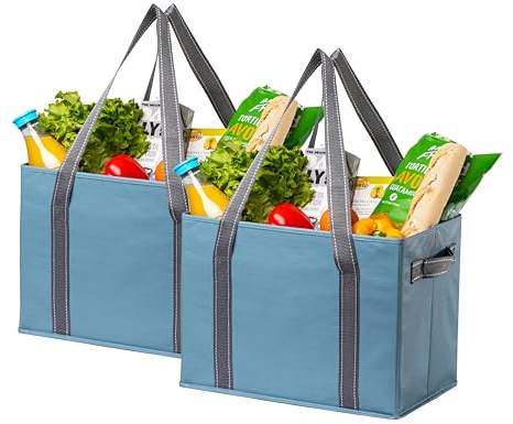 VENO 2 Pack Reusable Grocery Bags, Shopping Bags for groceries, Extra Large Utility Tote with Handles and Hard Bottom, Foldable Cart Organizer, Multi-Purpose, Heavy-Duty (Light Blue, 2 Pack)