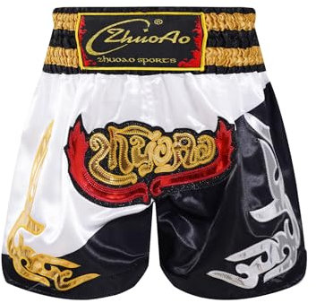 inhzoy Kinder Jungen MMA Boxing Shorts Muay Thai K1 Boxen Locker Retro Shorts Kampfsport Fitness BJJ Workout Käfigkämpfen Trainingshose Schwarz&Weiß 122-128