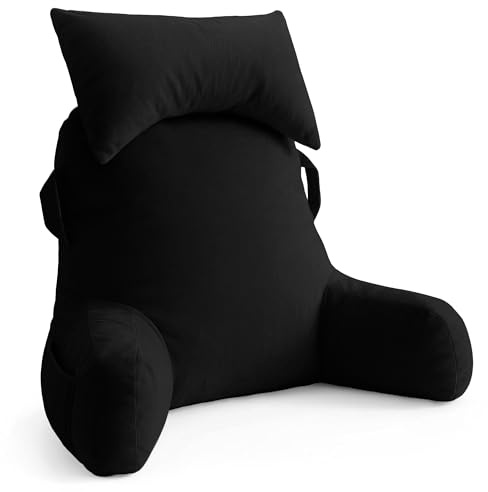 Unisakey Portable Reading Pillows with Headrest for Bed Sitting Up(Black Oeko-Tex), Velvet Back Pillow with Arms & Pockets for Adults, Support Memory Foam Bed Pillow for Dorm/Reading/Watching/Gaming