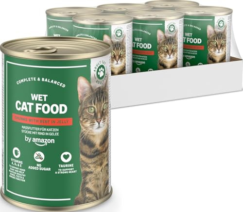 by Amazon Nourriture Humide pour Chat, sans céréales, en Conserve, Morceaux de bœuf en gelée, 6 x 405 g