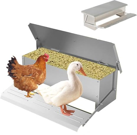 Futterautomat Hühner Wasserdicht Futterspender Metall: Geflügel Rattensicherer Futterautomat Mit Pedal und Abdeckung für Hühner Enten Gänse Usw (5KG)