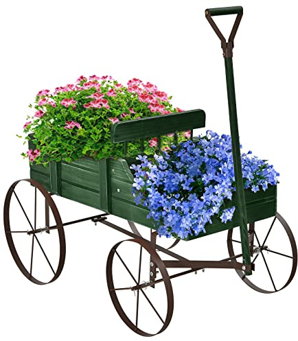 RELAX4LIFE Brouette Décorative en Bois avec 4 Roues en Métal, Chariot à Fleurs avec Capacité de Charge Jusqu'à 15 kg, Bac à Fleurs pour Jardin Balcon Terrasse (Vert)