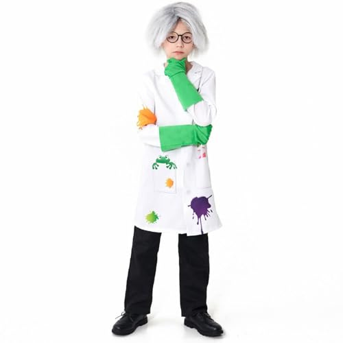 Déguisement de Scientifique Enfant Fille Garçon, 7 Pièces Déguisement de Docteur Blouse de Laboratoire Manche Longue avec Cadre pour Les Yeux, nœud Papillon, Gants, Perruque