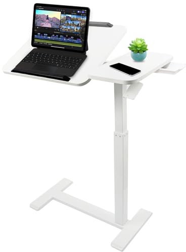 KUKKUME Laptoptisch Beistelltisch Höhenverstellbarer mit Versteckten Rollen Pneumatischer Mobiler Stehpult Schreibtisch Computertisch mit Kippbarer Geteilter Oberseite für Büro Sofa Pflegebett Weiß