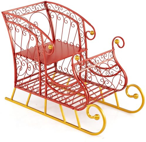 GYMAX Slitta di Natale in Metallo, Slitta Decorativa di Babbo Natale con Doppio Spazio di Stoccaggio, Decorazione Natalizia per Casa, Ufficio, Eventi Festivi, Celebrazioni, 85 x 42 x 61,5 cm (Rosso-1)
