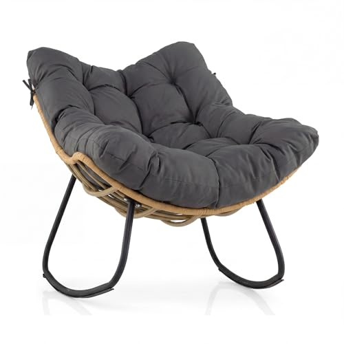 COSTWAY Outdoor Rocking Chair, Oversized Patio Wicker Egg Chair with Thick and Removable Cushion, Rattan Comfy Rocking Lounge Chairs for Living Room, Balcony & Yard (Grey, 110 x 88 x 92 cm)