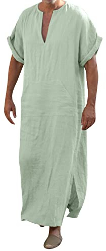 Camicia da notte da uomo a maniche corte, abbigliamento arabo, spacco laterale, abbigliamento islamico, in cotone e lino, biancheria da notte leggera, abito musulmano con tasche, scollo a V, camicia