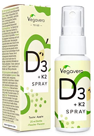 Vitamin D3 K2 Spray Vegavero® | D 3 Cholecalciferol & K 2 MK7 | Leckerer Apfelgeschmack | Vegan | Rohstoffe aus Europa | 4-Monats-Vorrat