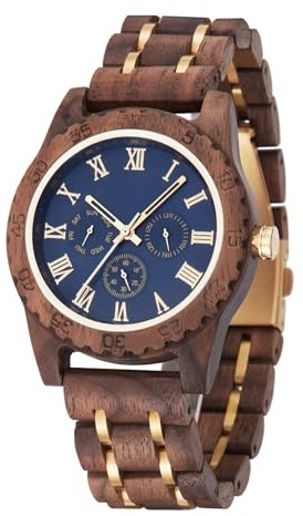 LMWOOD Orologio in Legno per Uomo Orologio in Legno Personalizzato per Marito Fidanzato Orologio in Noce con Cinturino in Ebano Luna Frase Data Settimana Anniversario Orologio, Casual