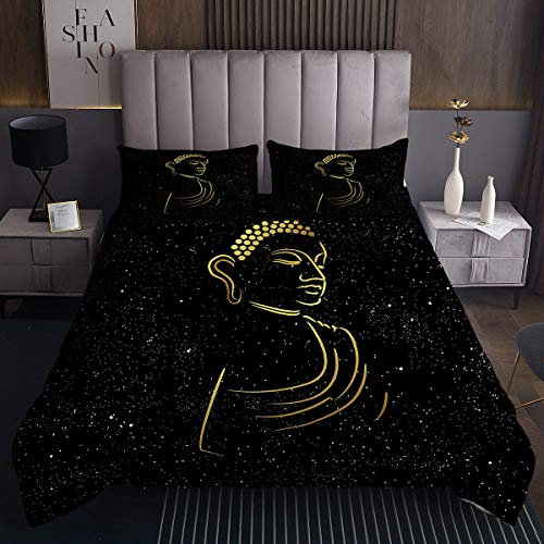 Colcha Acolchada con Estatua de Buda Galaxia Cultura asiática, Juego de edredón Universo Estrellas Exóticas Estampado Negro Dorado Acolchado 3 Piezas de