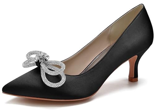 SH. SHUTUP.DANCE Womens Rhinestones Kitten Heels Wedding Bridal Shoes Round Toe Satin Pumps Mary Jane Dress Party Prom Black UK 6