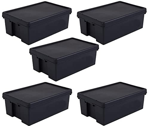 (Set of 5) 36L Litre Black Bam Recycled Heavy Duty Plastic Storage Boxes with Secure Lid Stackable and Nestable Storage Containers Organizing Baskets For Home & Office Storage Solution
