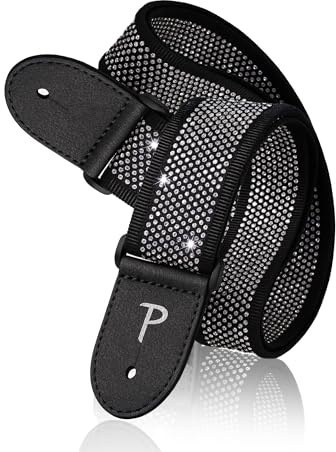 Perri’s Leathers, 39-58, Black with Rhinestones, Rhinestone Jacquard Guitar Strap - Adjustable Length, 2 Wide, Leather Ends Straps, Guitar Accessories
