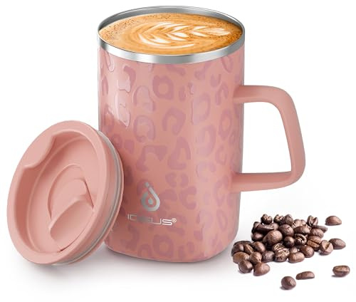 Ideus 16 oz Insulated Stainless Steel Coffee Mug with Lid, Leopard Pink | 18/8 Stainless Steel | Double Wall Vacuum | 3D Print Finish | Sweat-Free Exterior | Sliding Lid | Ideal for Home & Office