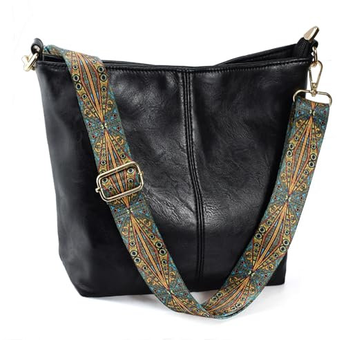 Huwzder Hobo Bags Umhängetasche aus veganem Leder, Gitarrengurt, Schultertaschen mit Reißverschluss, Handtaschen für Damen, Schwarz