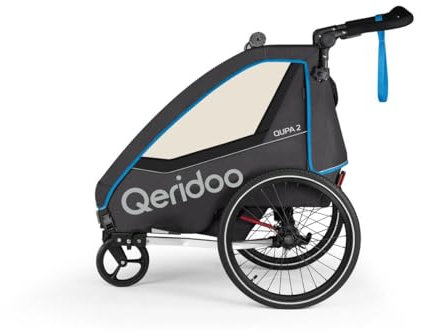 Qeridoo Fahrradanhänger QUPA 2 Blue mit Blattfederung, zusammenfaltbare Kabine, ausbaubare Rückbank, Buggy, Trailer, Höhenverstellbarer Schiebegriff, 5-Punkt Gurtsystem, für 2 Kinder