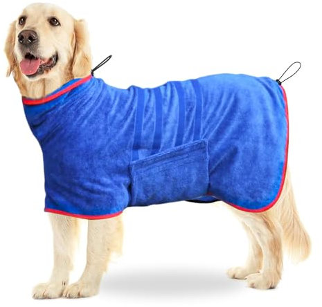 Idota Hundebademantel, Extra Saugfähig Hunde Bademantel Aus Mikrofaser, Verstellbarem Hundetrockenmantel Hundebademantel für Große Hunde zum Verwendet nach dem Baden Schwimmen Regen - Blau, XL