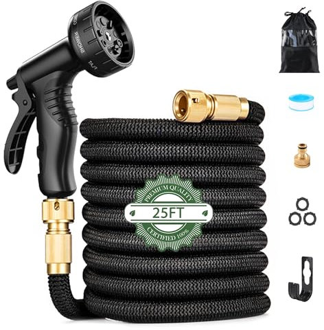 Flexibler Gartenschlauch, 1/2 zoll 7,5 m Erweiterbarer Gartenschlauch, Dehnbarer Gartenschlauch Sprühdüsen Adapter Set für Gartenbewässerung Rasen Haustierbaden Autowaschen (Schwarz 25FT/7,5 m)