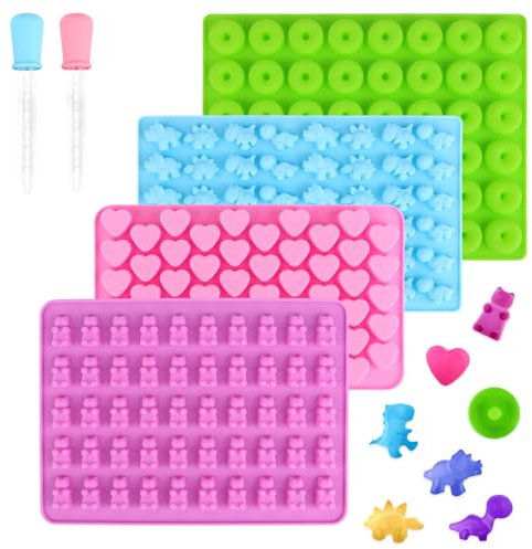 4PCS Moules à Bonbons, Mini Moules à Bonbons Gommeux, Moule Silicone Bonbon, Moule Silicone Ours, Moule à Chocolat Réutilisables, avec 2 compte-gouttes, Plateaux à Glaçons, pour Pudding, Gelée