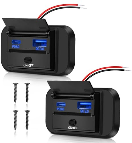Daakro 2 stycken USB-laddningsuttag 12 V billaddare QC3.0 USB & PD3.0 typ C mobiltelefon snabbladdare vattentät med strömbrytare för 12 V/24 V husvagnar, bilar, motorcyklar, lastbilar