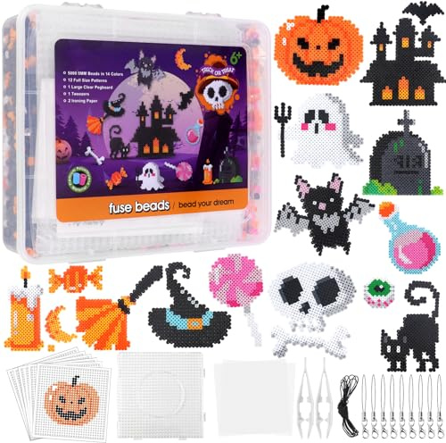 Homgaty Fuse Beads Kit - 5000 PCS 5MM DIY Fuse Bead Set with 14 Colors, Castle Designs, Pegboards, Pattern Cards, Tweezers, Ironing Paper and Key Rings