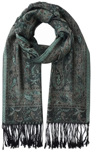 Umjetnost Womens Soft Silky Pashmina Rave Scarf Paisley Pattern Pashmina Shawl Wrap with Fringes (P Black Green)