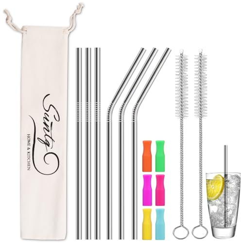 SUNTQ Pajitas de acero inoxidable para vaso Stanley, pajitas de repuesto para accesorios Stanley Cup, pajitas de metal reutilizables con puntas de silicona y cepillo de limpieza (6 x 215, plata)