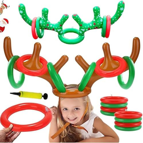 Weihnachten Aufblasbares Ringwurfspiel, 11 Stück Aufblasbares Geweih Ring Wurf Spiel Set, für Familienspiel Büro Partyspiel Weihnachten Urlaub Neujahr Party Fun Games (A)