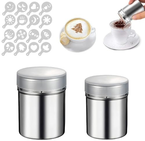 vcsjw Spargitore per zucchero a velo, 2 pezzi, in acciaio inox, per cappuccino, spargicacao con coperchio, per caffè, cottura e pasticcini, con 16 modelli