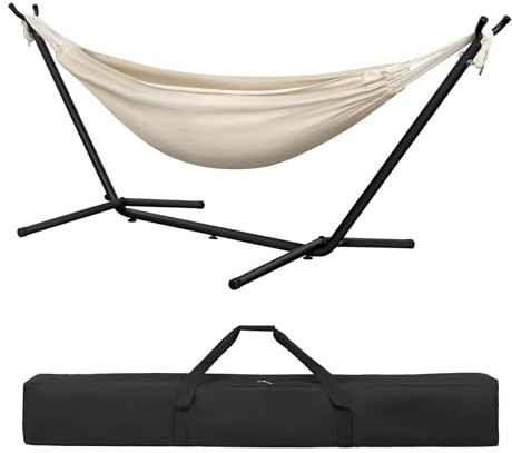 Laneetal Hängmatta med ram, hängmatta inomhus och utomhus, dubbel för 2 personer, 250 kg, med bärväska, för inomhus pool terrass gård trädgård balkong (beige, 280 x 106 x 100 cm)