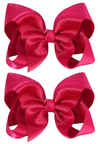 OAOLEER 2PCS 4.5inch Hair Bows for Girls, Hot Pink Sparkling Satin Alligator Clips Sparkling Ribbon Bow Hair Accessories for Girls Infants Toddlers Kids Teens Children (Hot Pink)