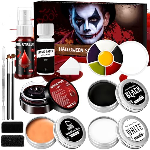 Maquillaje Halloween Profesional Kit - Pinturas Cara Halloween Makeup, Spray Sangre Falsa+Plasma Coagulado+Látex+Paleta de Maquillaje de 6 Colores+Cera Cicatrices+Maquillaje Payaso(Negro, Blanco)