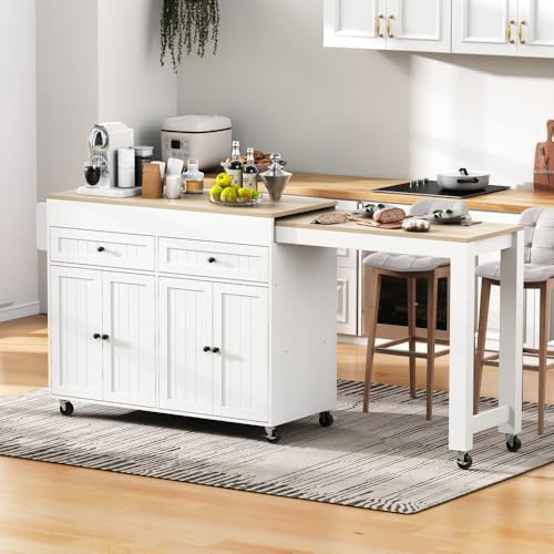 OOIILLEE Isola da cucina su ruote, isola da cucina estensibile con piano di lavoro e cassetti, isola da cucina mobile e indipendente, ideale per cucina e sala da pranzo, bianco