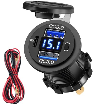 12 V/24 V USB-uttag för billaddare, 72 W vattentätt USB-uttag 12 V | Dubbel QC3.0 18 W och 36 W PD 12 V cigarettändaradapter med voltmeter och strömbrytare för mobiltelefoner motorcykel bil RV