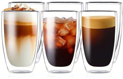 MESNEY 17oz Double Walled Glass Coffee Mugs, Glass Coffee Mugs Set of 6, Insulated Clear Cappuccino Latte Mugs for Home, Cafe & Restaurant, Durable Stackable Drinking Glasses