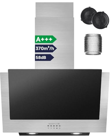 Soonye A+++ Dunstabzugshaube 60cm Umluft Kopffrei Schräghaube 370 m³/h mit Aktivkohlefilter Abluft 3 Stufen Wandmontage Wandhaube Abzugshaube Kopffreihaube,Schwarz Mattglas