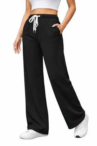 Pantalones Chandal Mujer Pierna Ancha Cintura Alta - Pantalones Deportivos Largos Sueltos y Joggers Anchos Mujer con Bolsillos | Ropa de Casa y Yoga (Negro,L)