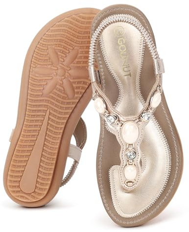 Goldnut Sandals for Women Dressy Summer - Rhinestone Ankle Elastic T-Strap Women's Flat Comfortable Beach Thong Shoes Champagne Size US 9.5