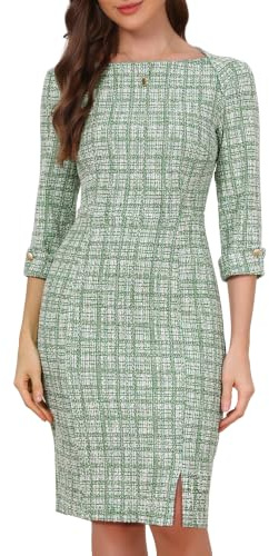 Allegra K Women Elegant Tweed Boat Neck 3/4 Sleeve Work Pencil Sheath Dress | Split hem design. Suitable for office, church, party. Flattering fit. Comfortable fabric feel.