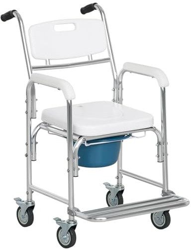 3-in-1 Shower Commode Wheelchair, Bedside Toilet Chair Adult Potty
