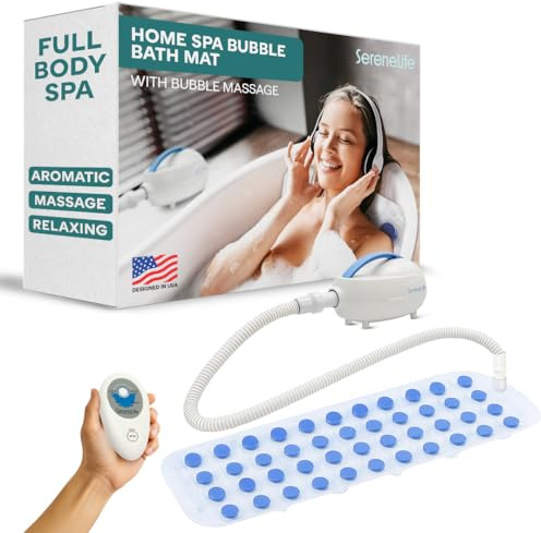 SereneLife Spa Bath Mat Full Body Massager - Portable Bubble Bath Massager with Air Jets, Remote Control, Non-Slip Adjustable Bubble Mat, Aroma Clip for Essential Oils, 47” x 14.2”