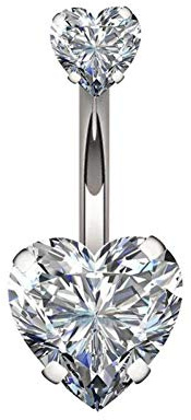 YHMM 14G Surgical Steel Belly Button Rings Double Heart Cubic Zirconia Navel Barbell Stud Body Piercing (A: Silver Tone)