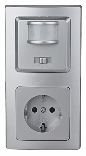 ChiliTec Bewegungsmelder 160° mit Steckdose Kombination Unterputz Delphi 230V~ Schutzkontaktsteckdose 2-Fach Rahmen 2-Draht PIR Sensor Anschluss ohne Nullleiter Silber Grau